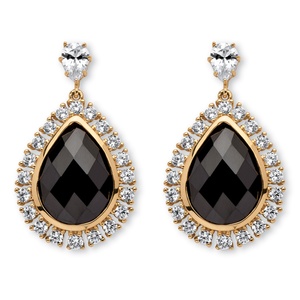 PalmBeach Jewelry 28.74 TCW Pear-Cut Black Bezel-Set Cubic Zirconia Halo Earrings in 14k Yellow Gold-Plated