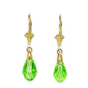 14k Yellow Gold Peridot-Color Green 9x6mm Swarovski Element Pear Drop Leverback Earrings - Measures 29x6mm