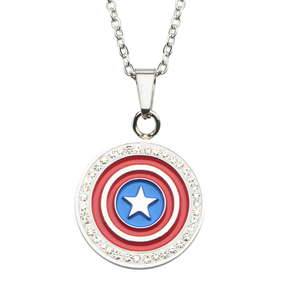 Marvel Women's Stainless Steel Captain America Shield Gem Pendant, 18&quot;