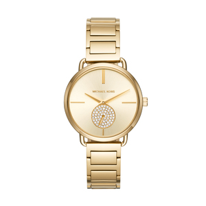 Ladies Portia Gold-Tone Stainless Steel Watch Gold Dial w/ Crystal Subdial