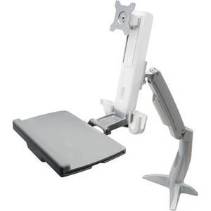Desk-Mounted Sit/Stand Workstation Mount with Foldable Keyboard Tray and Retractable Mouse Tray