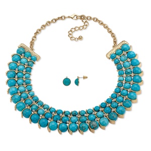 PalmBeach Jewelry Simulated Turquoise and Crystal Two-Piece Necklace and Earrings Set in Gold Tone 17&quot;-19&quot;