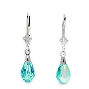 14k White Gold Aquamarine-color Blue 9x6mm Swarovski Element Pear Drop Leverback Earrings - Measures 29x6mm
