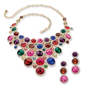 PalmBeach Jewelry Round Multicolor Lucite and Crystal Necklace and Earrings Set in Gold Tone