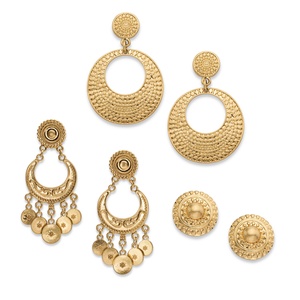 PalmBeach Jewelry Textured Button, Drop and Chandelier 3-Pair Bohemian Earrings Set in Matte Gold Tone