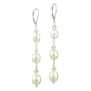 Graduated Linear White Pearl and Swarovski Elements Crystal With Sterling Silver Earrings