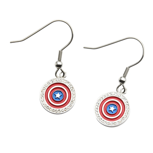Marvel Women's Stainless Steel Gem Captain America Shield  Dangle Earrings