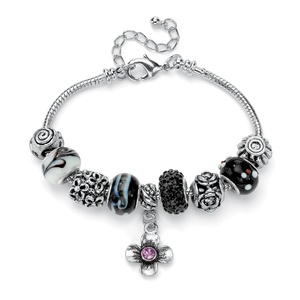 PalmBeach Jewelry Black and Purple Crystal Silvertone Bali-Style Charm and Spacer Bracelet Adjustable 8&quot; to 10&quot;