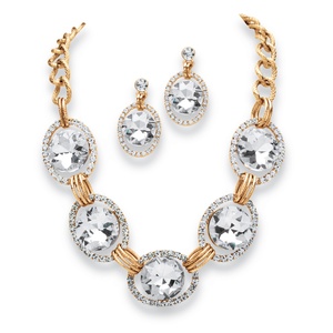 PalmBeach Jewelry 2 Piece Crystal Curb-Link Necklace and Earrings Set in Yellow Gold Tone