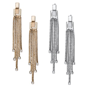 PalmBeach Jewelry Tassel Fringe and Crystal Accent 2-Pair Drop Earrings Set in Gold Tone and Silvertone 2.33"