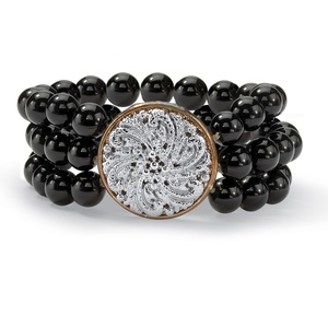 PalmBeach Jewelry Genuine Black Onyx Silvertone Triple-Strand Floral-Motif Bracelet 9&quot;