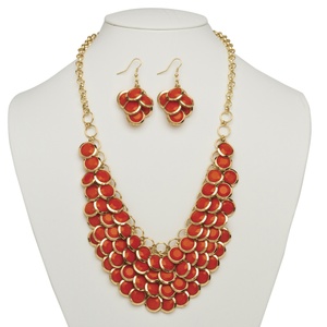 PalmBeach Jewelry 2 Piece Orange Bib Necklace and Cluster Earrings Set in Yellow Gold Tone