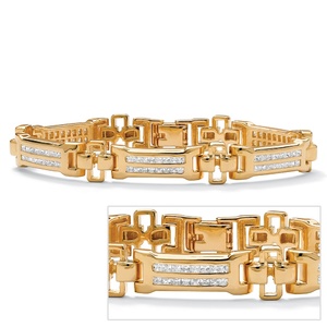 PalmBeach Jewelry Men's 3.52 TCW Channel-Set Cubic Zirconia 18k Gold-Plated Bar-Link Bracelet 8&quot;
