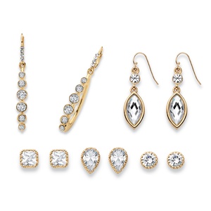 PalmBeach Jewelry Round, Pear, Marquise and Princess-Cut Faceted White Crystal Gold Tone 5-Pair Stud and Drop Earrings Set