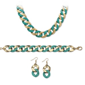 PalmBeach Jewelry 3 Piece Curb-Link Necklace Bracelet and Earrings Set in Aqua Enamel and Yellow Gold Tone