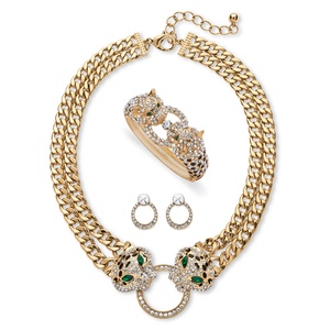 PalmBeach Jewelry Pave Crystal Leopard Three-Piece Necklace, Earrings and Bangle Set in Gold Tone