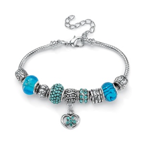 PalmBeach Jewelry Aqua Crystal Bali-Style Beaded Charm and Spacer Bracelet in Silvertone 8"