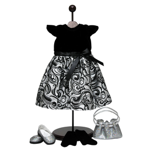 The Queen's Treasures 18 Inch Doll Clothes Outfit Black & Silver Dress, Velvet Long Gloves & Silver Glitter Slip on Shoes