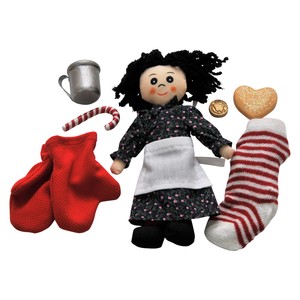 The Queen's Treasures Little House on the Prairie® Christmas Access. Set for 18" Girl Doll. Includes Charlotte, Cake, Stocking, Cane, Cup and Penny