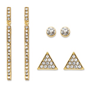 PalmBeach Jewelry Triangle, Linear and Round White Crystal 3-Pair Gold Tone Cluster Stud and Drop Earrings Set 1.75"