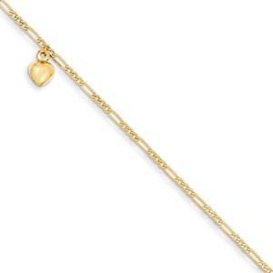 14k Yellow Gold Polished 2mm Figaro Link With Dangling Heart Anklet - 9 Inch - Spring Ring