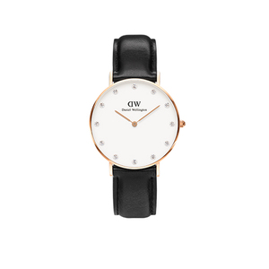 Classy Sheffield 34mm Rose Gold Watch w/ Black Leather Strap & Swarovski Crystals