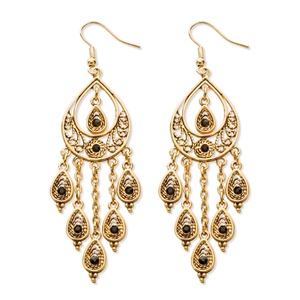 PalmBeach Jewelry Black Crystal Teardrop and Chain Dangle Chandelier Earrings in Yellow Gold Tone
