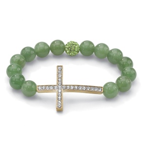 PalmBeach Jewelry Green Jade and Crystal Horizontal Cross Stretch Bracelet in Yellow Gold Tone 8"