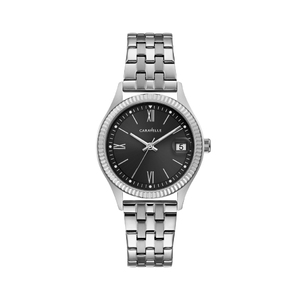 Ladies Silver-Tone Roman Numeral Bracelet Watch Black Dial