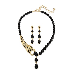 PalmBeach Jewelry Genuine Black Onyx and Crystal  2-Piece Beaded Leopard Necklace and Drop Earrings Set in Gold Tone 18"-22"