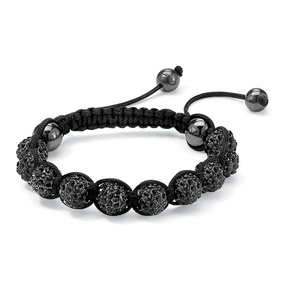 PalmBeach Jewelry Round Black Crystal Glass Ball Black Macrame Rope Tranquility Bracelet Adjustable 8" to 10"