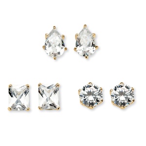 PalmBeach Jewelry 19.56 TCW Multi-Shaped Cubic Zirconia 14k Yellow Gold-Plated Stud Earrings 3-Pairs Set
