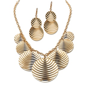 PalmBeach Jewelry 2 Piece Textured Multi-Disk Bib Necklace 16&quot; and Drop Earrings Set in Yellow Gold Tone