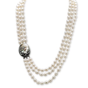 PalmBeach Jewelry Genuine Cultured Freshwater Pearl and Black Mother-Of-Pearl Cameo Triple-Strand Necklace 28&quot;