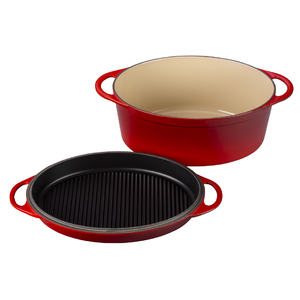 7.75 Qt Cast Iron Oval Dutch Oven w/ Grill Pan Lid Cerise