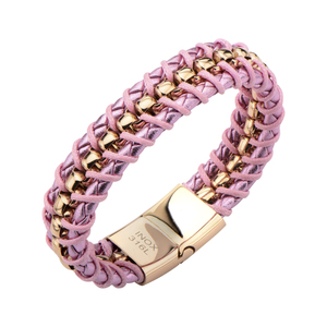 Inox Jewelry Women's Pink Braided Leather with Rose Gold Ion Plated Cord Chain Bracelet