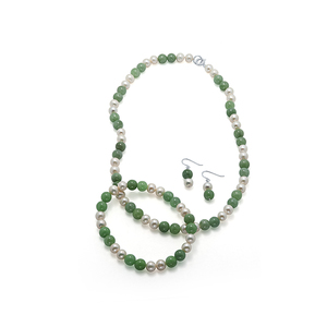3 Piece Green Jade and Pearl Jewelry Set in Sterling Silver