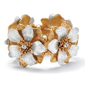 PalmBeach Jewelry Flower and Crystal Stretch Bracelet in Silvertone and Yellow Gold Tone 8&quot;