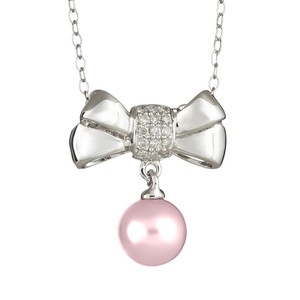 Ladies Sterling Silver .10 cttw Diamond Bow and Genuine Pink Pearl Pendant