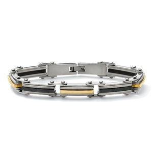 PalmBeach Jewelry Men's Tri-Tone Black and Gold ION-Plated Stainless Steel Elongated-Link Bracelet 8 1/2"