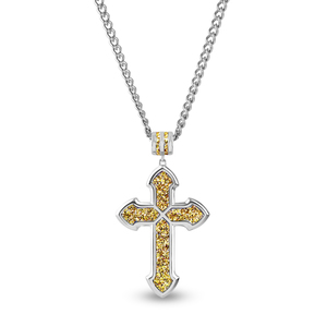 Sterling Silver Gothic Gold Glitter Cross Pendant with 24 Inch Steel Curb Chain