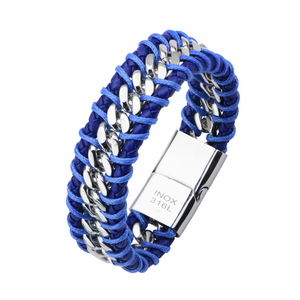 Inox Jewelry Women's Stainless Steel Curb Chain with Braided Blue Leather Bracelet