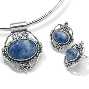 PalmBeach Jewelry Oval-Shaped Simulated Blue Lapis Silvertone Antique-Finish Pendant and Earrings Set