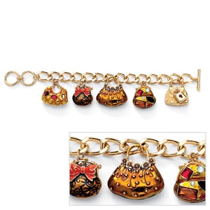 PalmBeach Jewelry Crystal "Handbag Heaven" Charm Bracelet in Enamel and Yellow Gold Tone