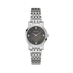Ladies Silver-Tone Diamond Watch Black Mother-of-Pearl Dial
