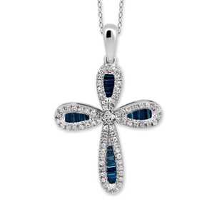 1/2 cttw Blue baguettes and white round cross pendant in Sterling Silver