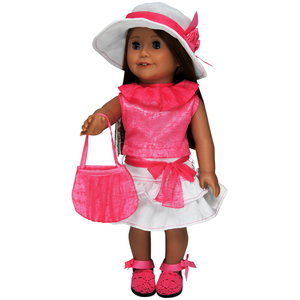 The Queen's Treasures 18&quot; Doll Clothes Outfit. Hot Pink Shirt, White Hat with Pink Sash, White Skirt, Pink Handbag & Pink Espadrilles