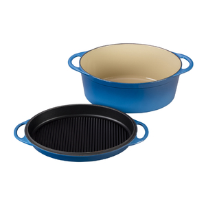 Signature Enamel 7.75 Qt Cast Iron Oval Oven w/ Grill Pan Lid Marseille