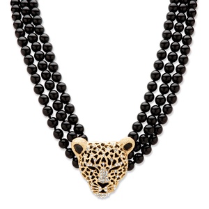 PalmBeach Jewelry Genuine Onyx and Crystal Leopard Beaded Necklace in Yellow Gold Tone