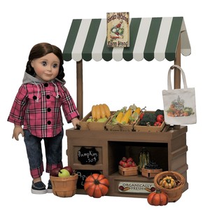 The Queen's Treasures Complete 18 Inch Doll Wooden Farmstand with Fruit, Veggies, Crates & Doll Outfit